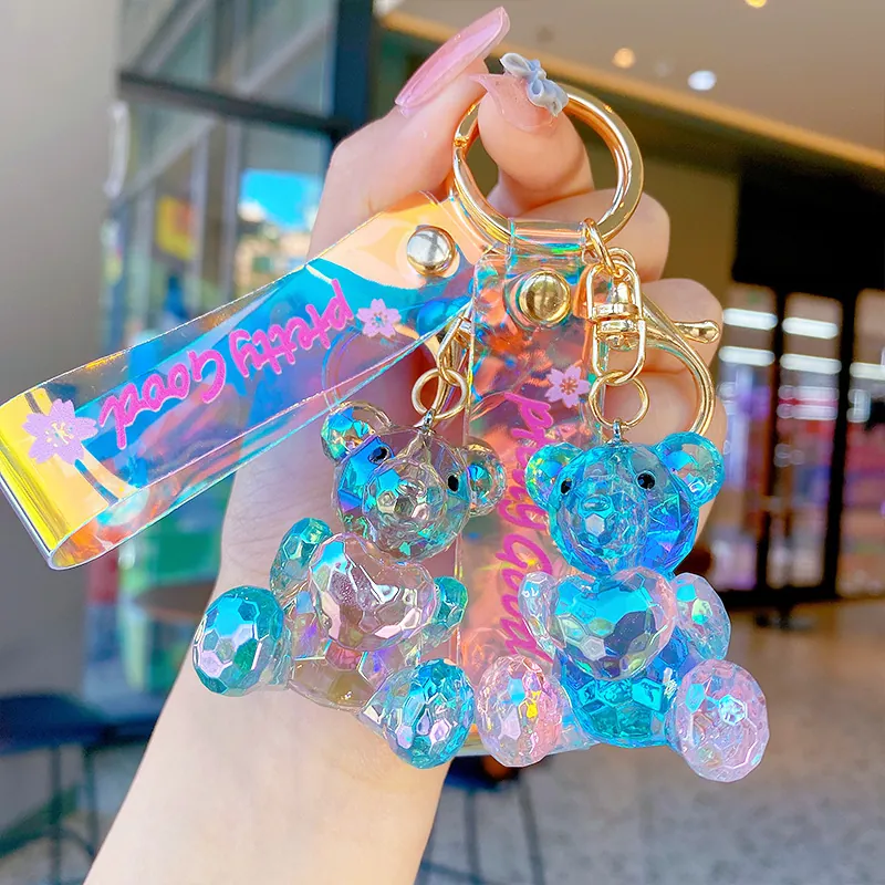 Geometric Faceted Crystal Bear Keychain Iridescent Gradient Resin Heart Cartoon Doll Charm With Iridescent Strap