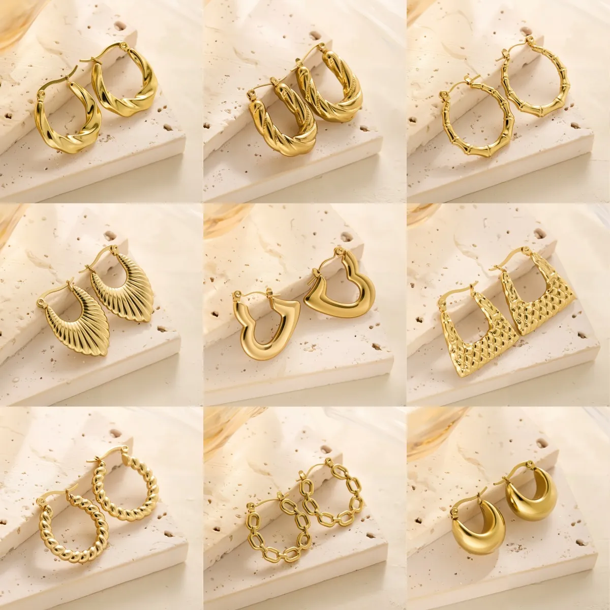 Boucles D'oreilles Créoles En Acier Titane Plaqué Or 18K Géométrique Texturé Minimaliste Bijoux Pour Femmes Hypoallergénique