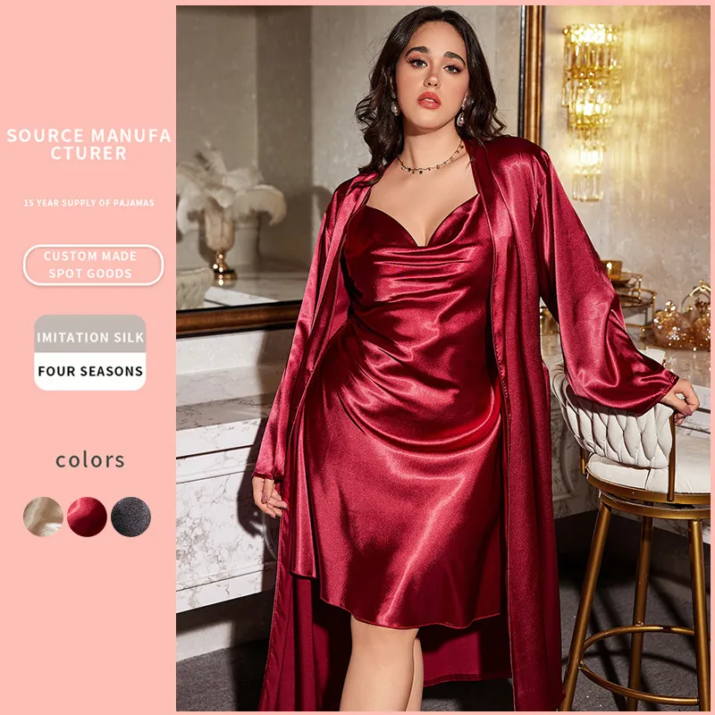 Plus Size Sleepwear Women Imitation Satin Satin Pajama Slip Dress And Long Sleeve Robe V Neck Plain Summer Loungewear