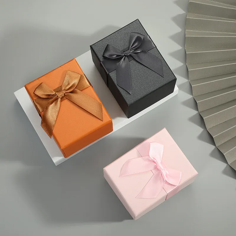 Jewelry Packaging Box Cardboard With Ribbon Bow Square Gift Box For Watch And Necklace Elegant Textured Case