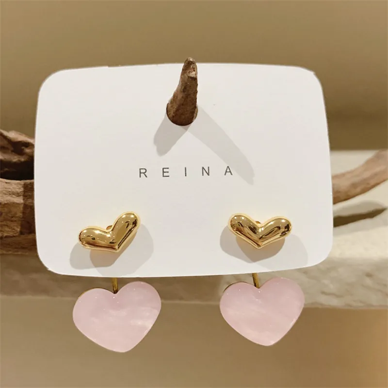 Sweet Pink Double Layered Heart Stud Earrings Alloy Resin Marble Texture With 925 Sterling Silver Earring Post For Women