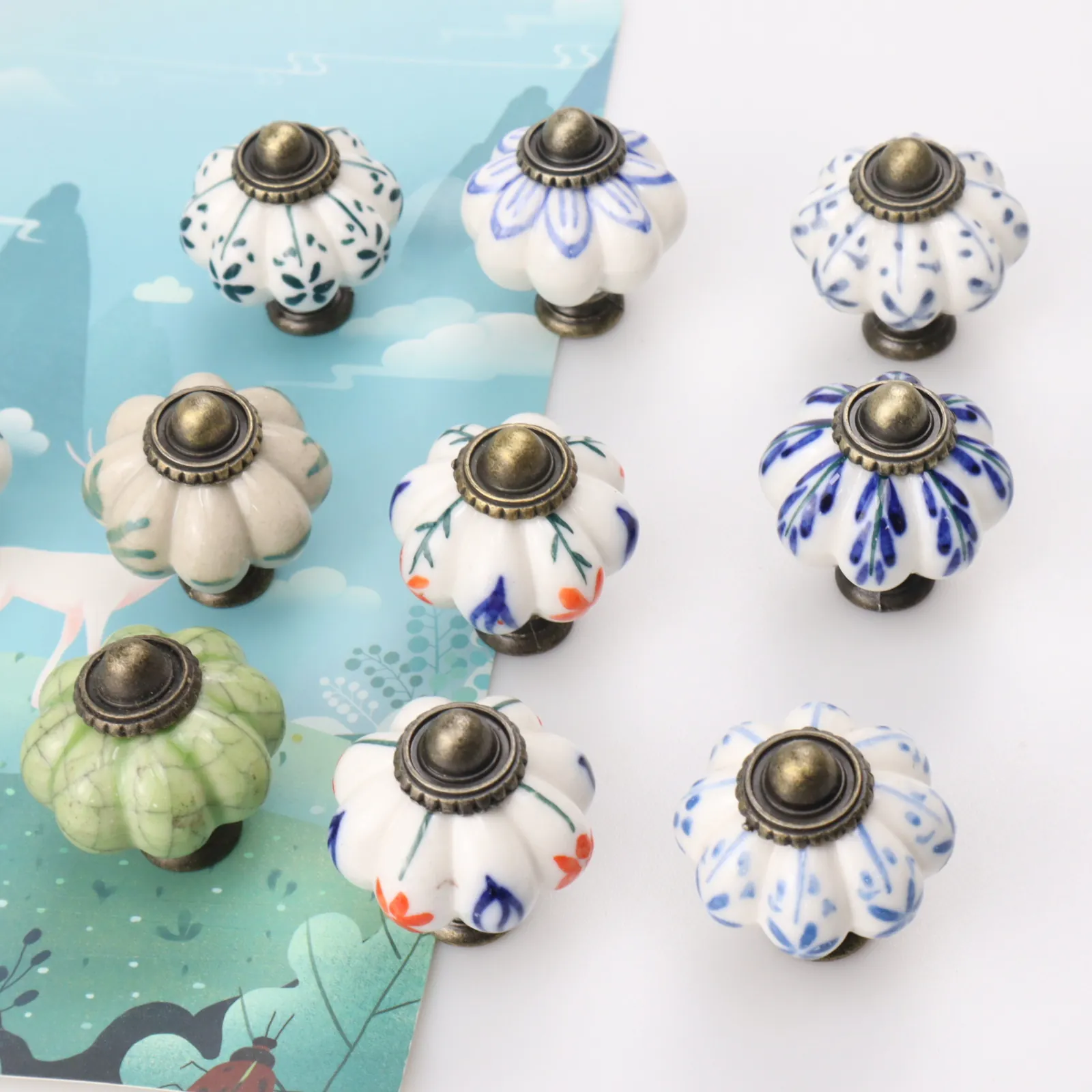 Vintage Pumpkin Ceramic Cabinet Knobs Hand Painted Floral Drawer Pulls Antique Bronze Zinc Alloy Base For Wardrobe Cupboard
