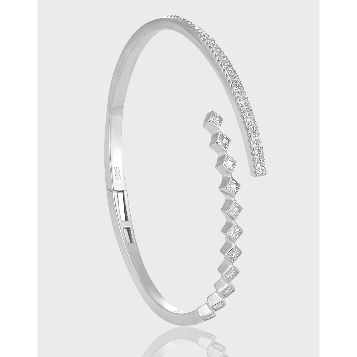 S925 Sterling Silver Square Rhinestone Cuff Bracelet For Women Exaggerated Luxury Geometric Pave Bangle Jewelry Gift