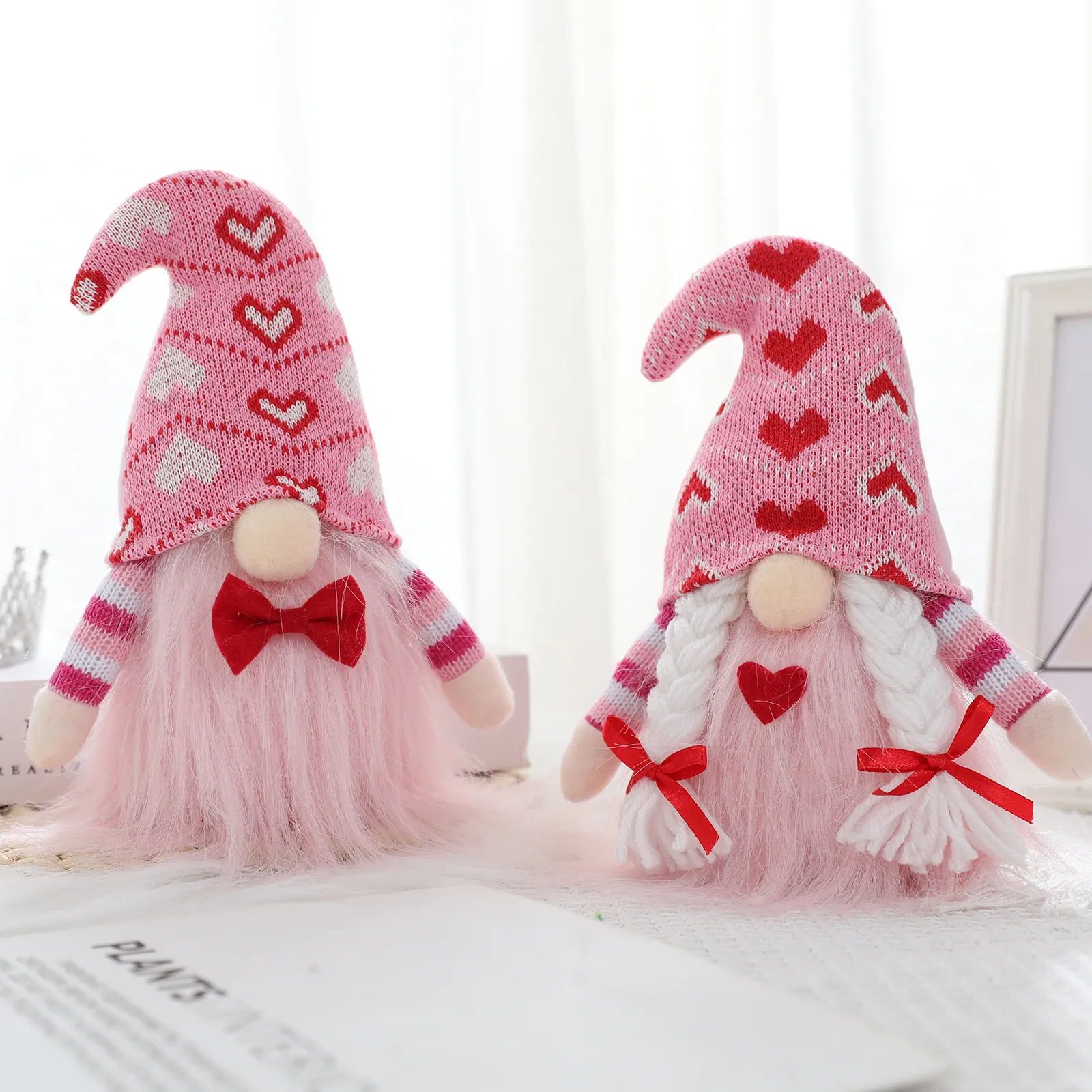 Gnomo Di San Valentino Bambola Di Peluche Cappello A Maglia Con Cuore Rosa Statuetta Rudolph Senza Volto Ornamento Da Tavolo Regalo Romantico