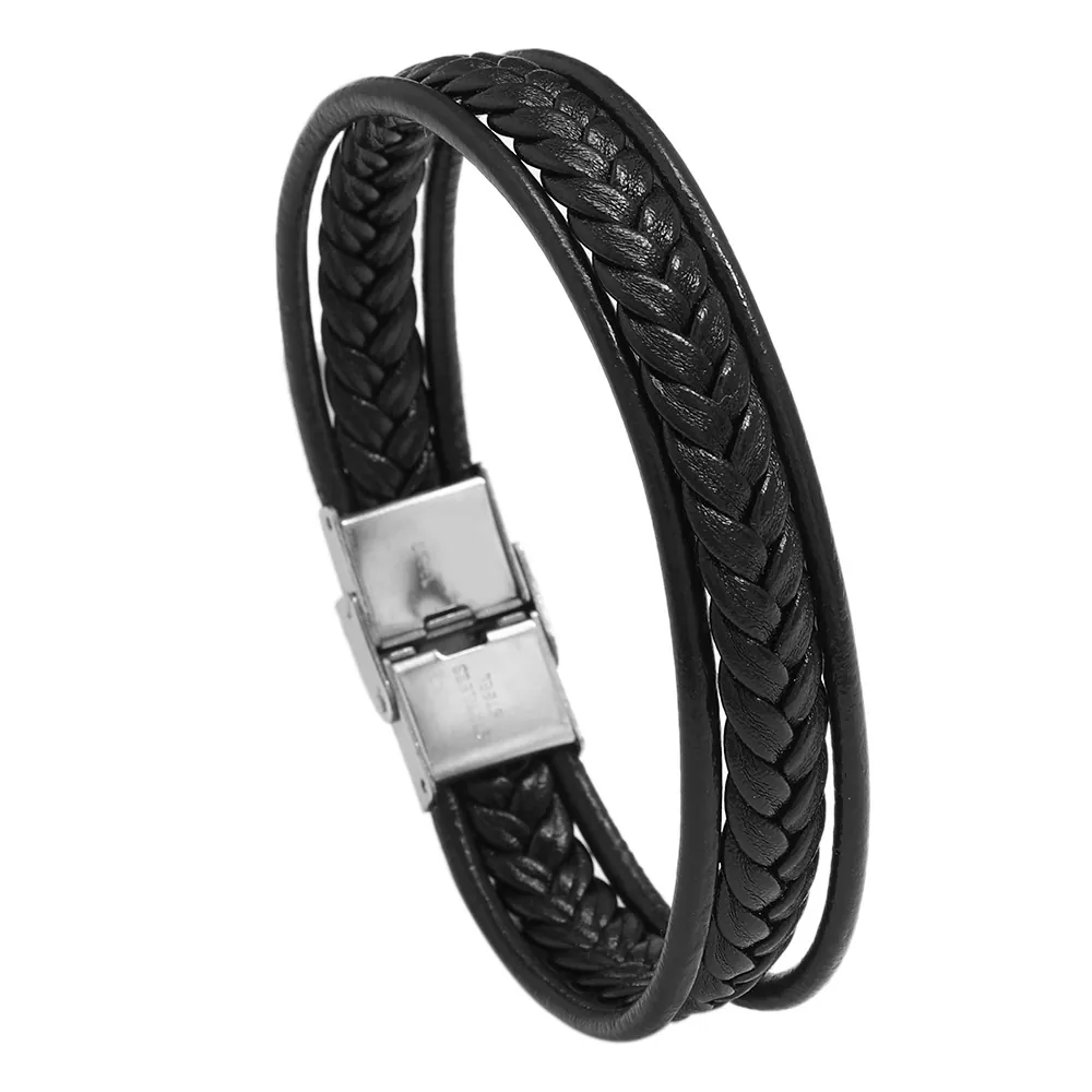 Men Woven Leather Bracelet With Stainless Steel Magnetic Clasp Multi Layer Punk Style Trendy Hand Jewelry Bangle