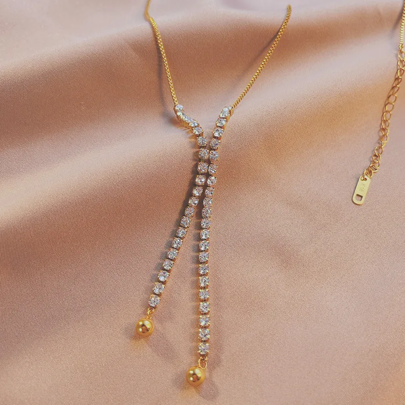 Titanium Steel Y-Shaped Tassel Necklace Full Rhinestone Double Ball Ends Fashion Elegant Light Luxury Jewelry Women
