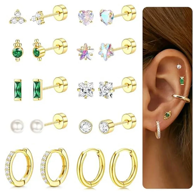 Stainless Steel Stud Earrings And Hoops Zircon Artificial Pearl Star Heart Geometric Flat Back Screw Back Trendy Jewelry Women