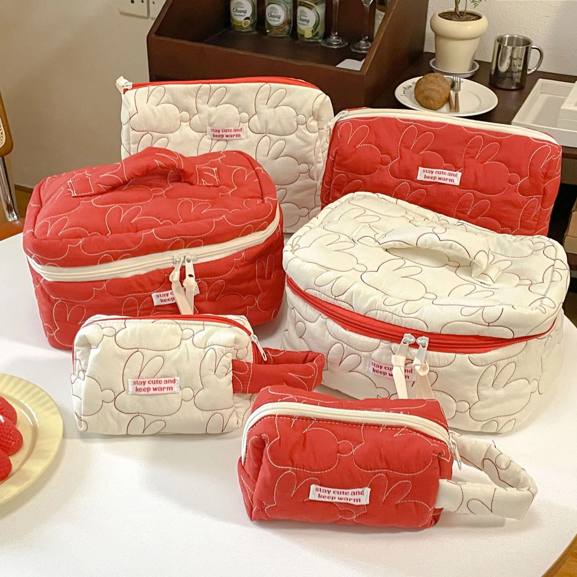 Quilted Cotton Cosmetic Bag Cute Rabbit Pattern Handheld Makeup Organizer Portable Travel Storage Pouch For Women Students
