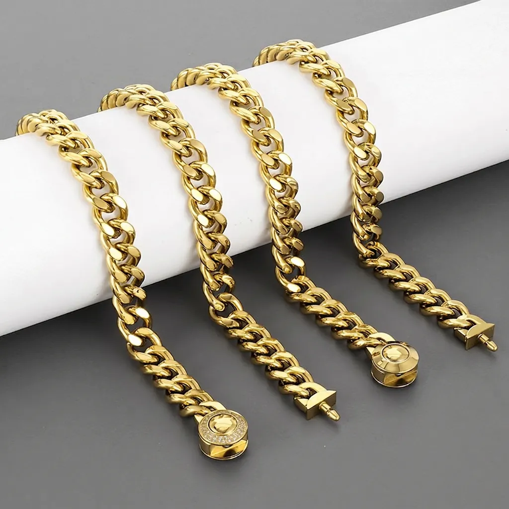 Men Cuban Link Chain Necklace Bracelet Stainless Steel Gold Plated Rhinestone Round Clasp Hip Hop Punk Jewelry