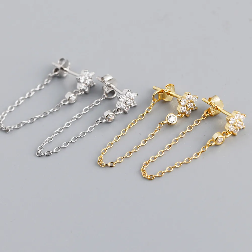 Plum Blossom Flower Stud Earrings With 925 Sterling Silver Earring Post Zircon Tassel Chain Dangle For Women Elegant