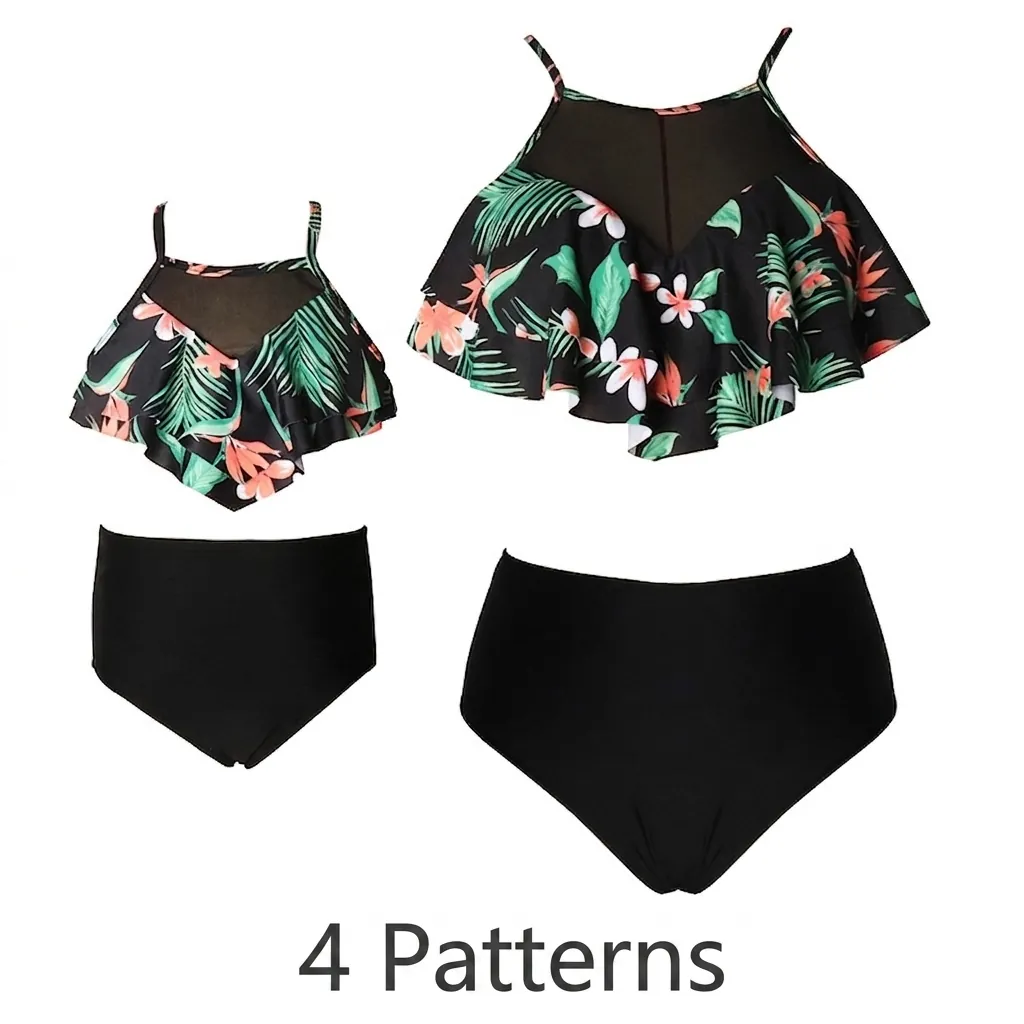 Tropical Leaf Print Parent-Child Bikini Swimsuit Ruffled High Waist Beachwear For Women Girls Nylon Mesh Breathable