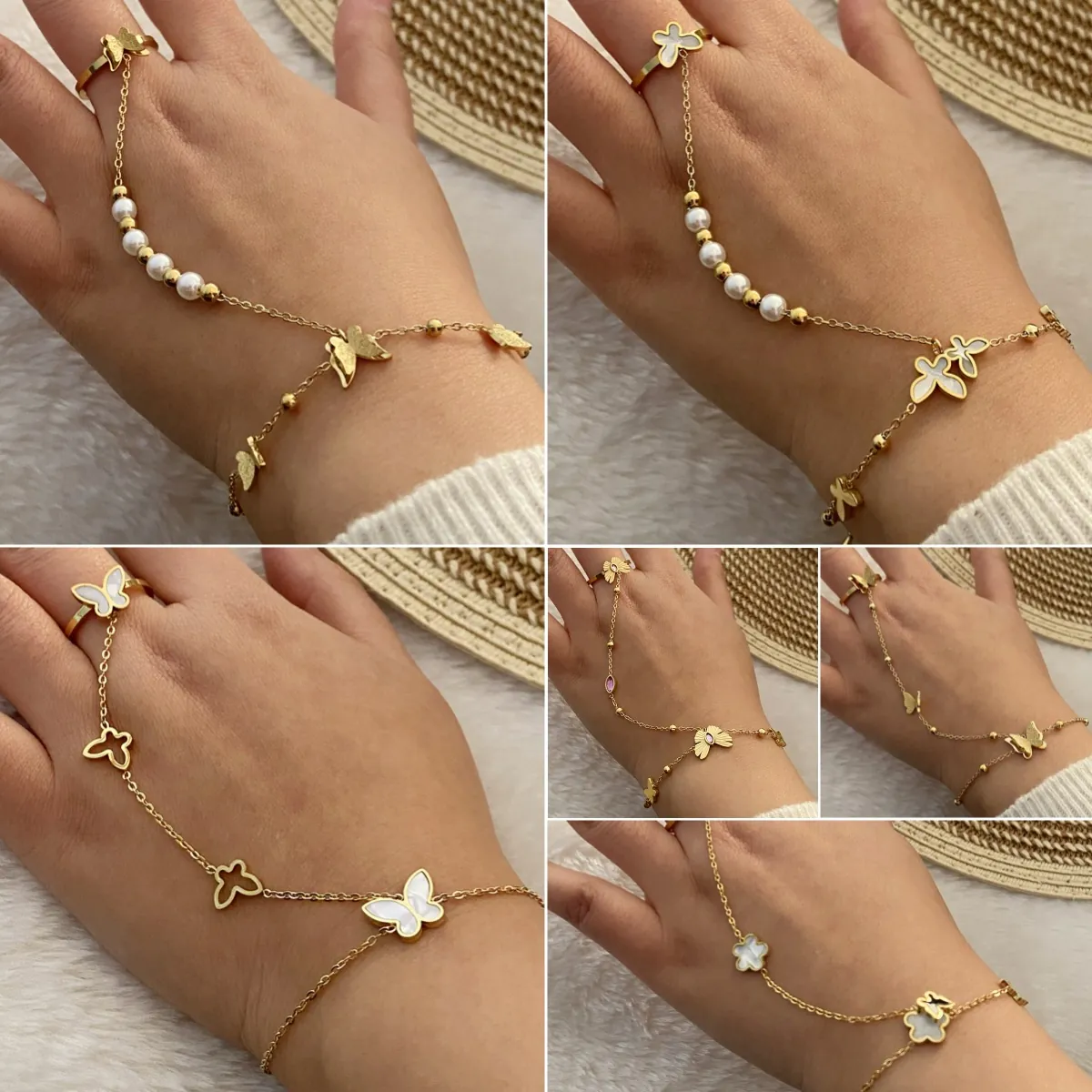 Bracciale Schiava Farfalla Acciaio Inossidabile Perla Artificial Sintetica Anello Mano Catena Gioielli Moda Donna