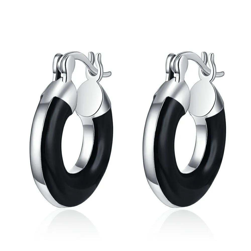 Orecchini A Cerchio Geometrici Smalto Nero Rame Con Perno In Argento Sterling 925 Moda Minimalista Per Donne