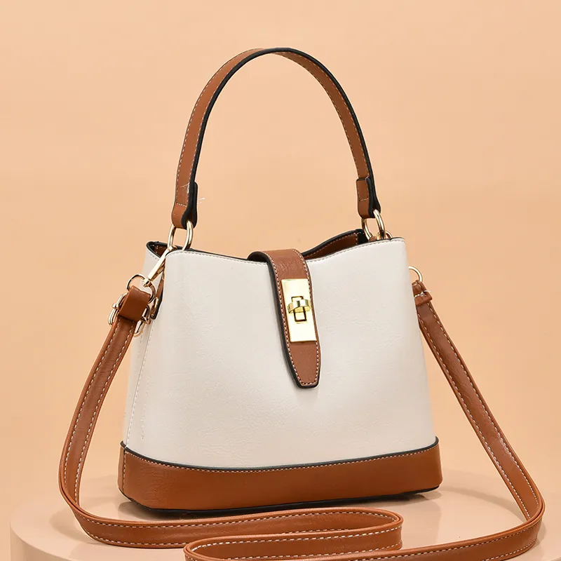 Women PU Leather Bucket Bag Patchwork Large Capacity Shoulder Bag With Metal Twist Lock Elegant Handheld Crossbody Bag
