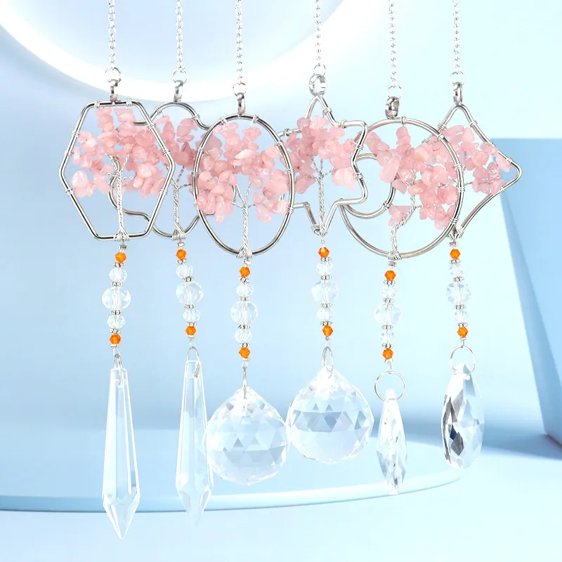 Tree Of Life Suncatcher Pink Crystal Gemstone Handmade Metal Wrapped Hanging Ornament Prism Window Decor