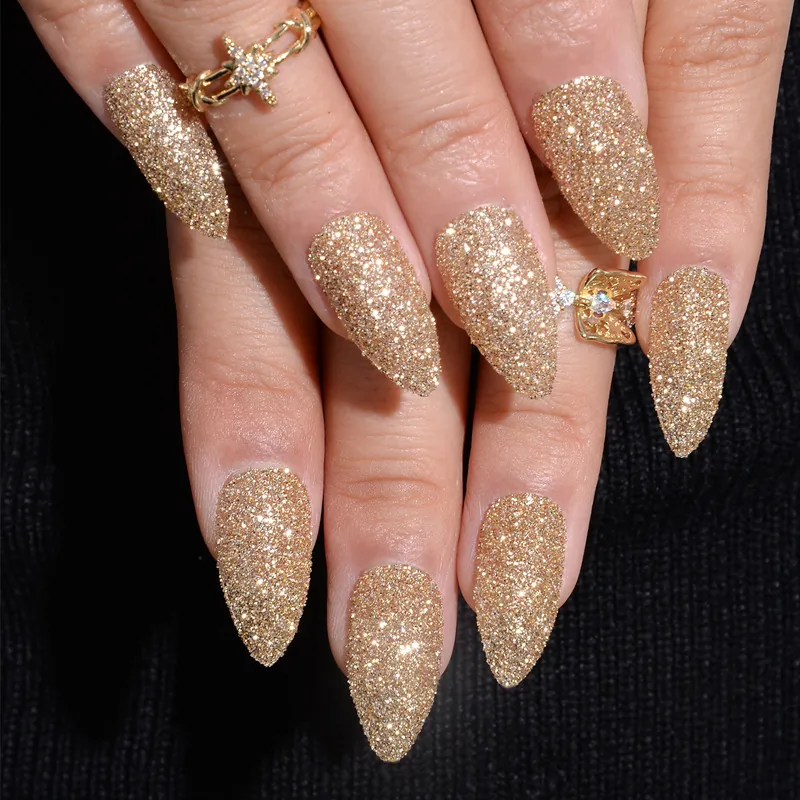 Luxuriöses Gold Glitzer Stiletto Künstliche Nägel Sternmuster Mandel Falsche Nägel Mit Gelee-Kleber Für Damen Party Nagelkunst