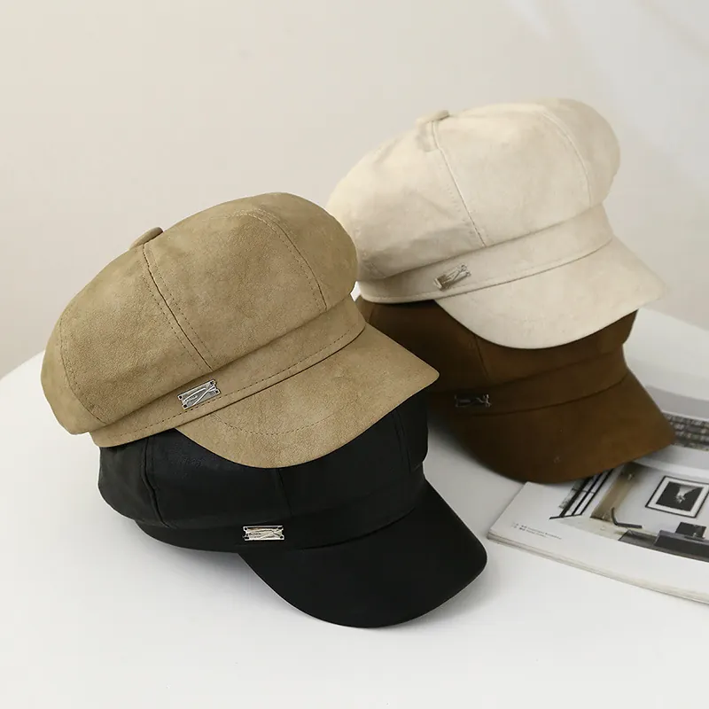 Vintage Newsboy Cap Octagonal Hat PU Leather And Faux Suede Metal Buckle Adjustable Fashion For Women
