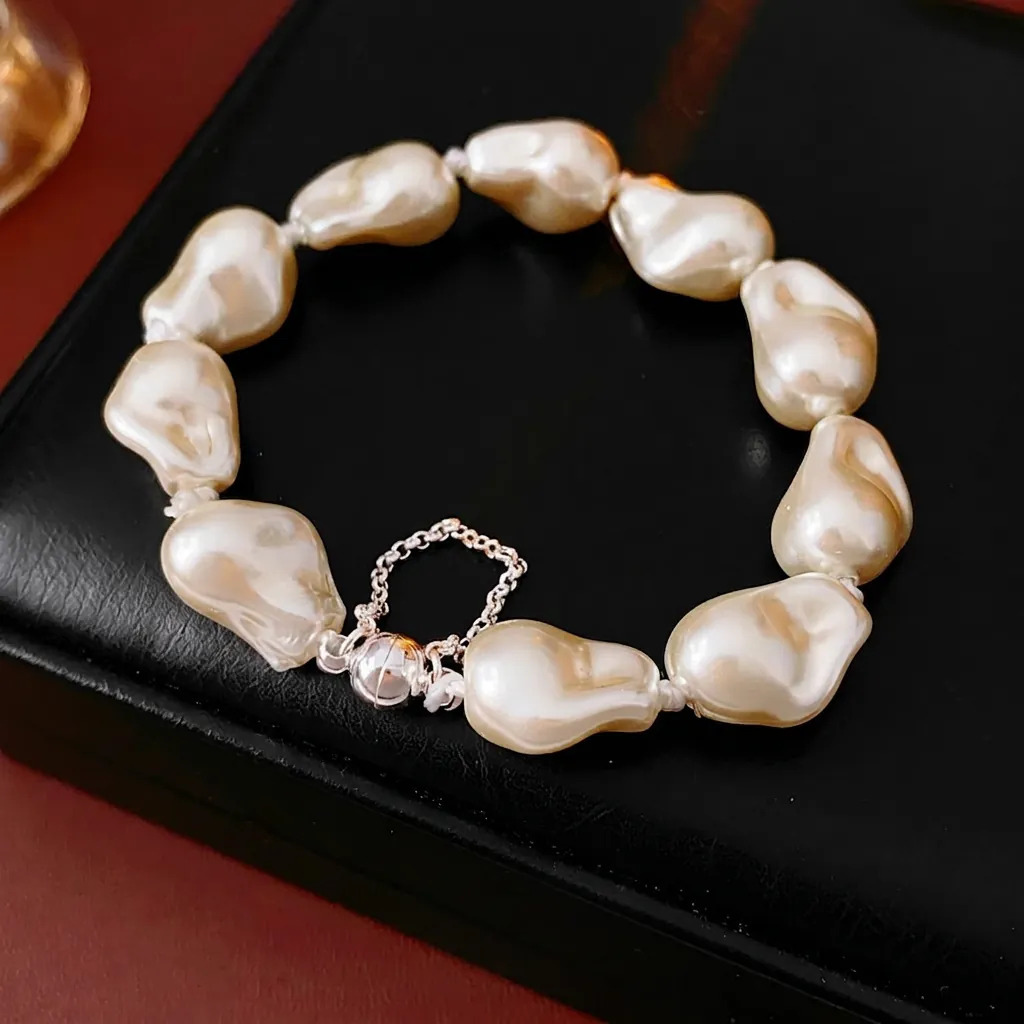 French Vintage Baroque Irregular Artificial Pearl Bracelet For Women With Metal Clasp And Safety Chain Elegant Jewelry Accessory