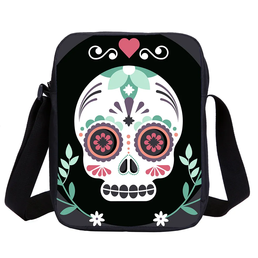 Day Of The Dead Mexican Sugar Skull Print Crossbody Bag Polyester Adjustable Strap Shoulder Bag For Kids Students