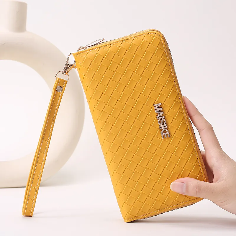 Portafoglio Lungo Da Donna In Pelle PU Intrecciata Pochette Con Cerniera E Cinturino Da Polso Grande Capacità Moda Retrò Tinta Unita