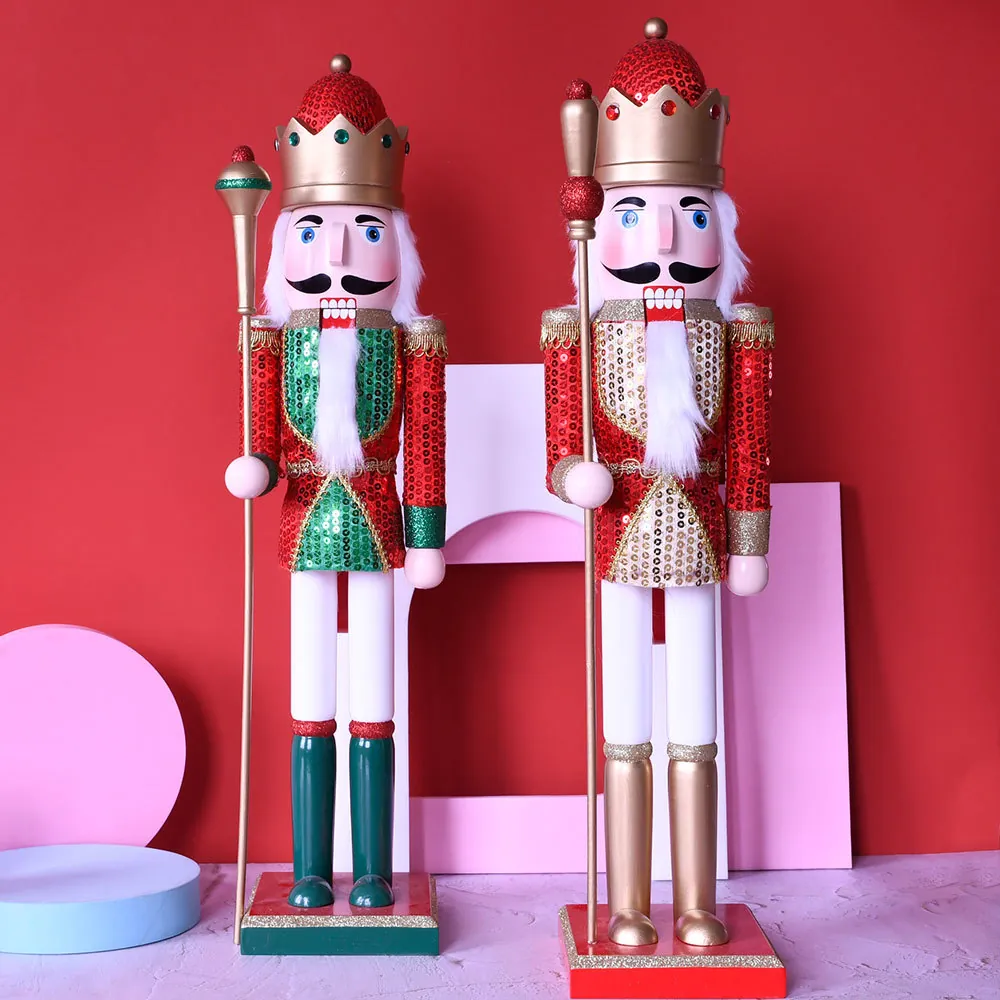 Wooden Nutcracker King Soldier Puppet Christmas Ornament Painted Glitter Sequin Decorative Traditional Holiday Scepter