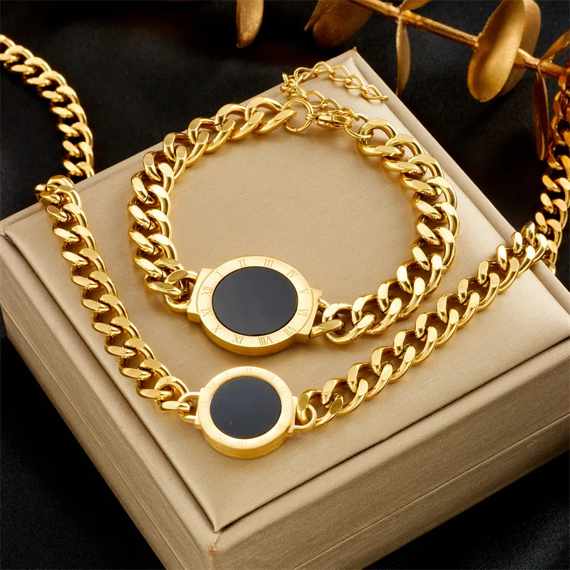 Gioielli in Acciaio Inossidabile Vintage Con Ciondolo Rotondo a Numeri Romani per Donna Collana a Catena Spessa E Bracciale Placcato Oro Argento Accessori Moda