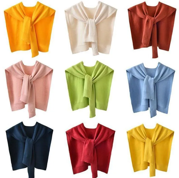 Women Knitted Shawl Shoulder Wrap Solid Color Core Spun Yarn Decorative Fake Collar Lightweight Tie Front Accessory
