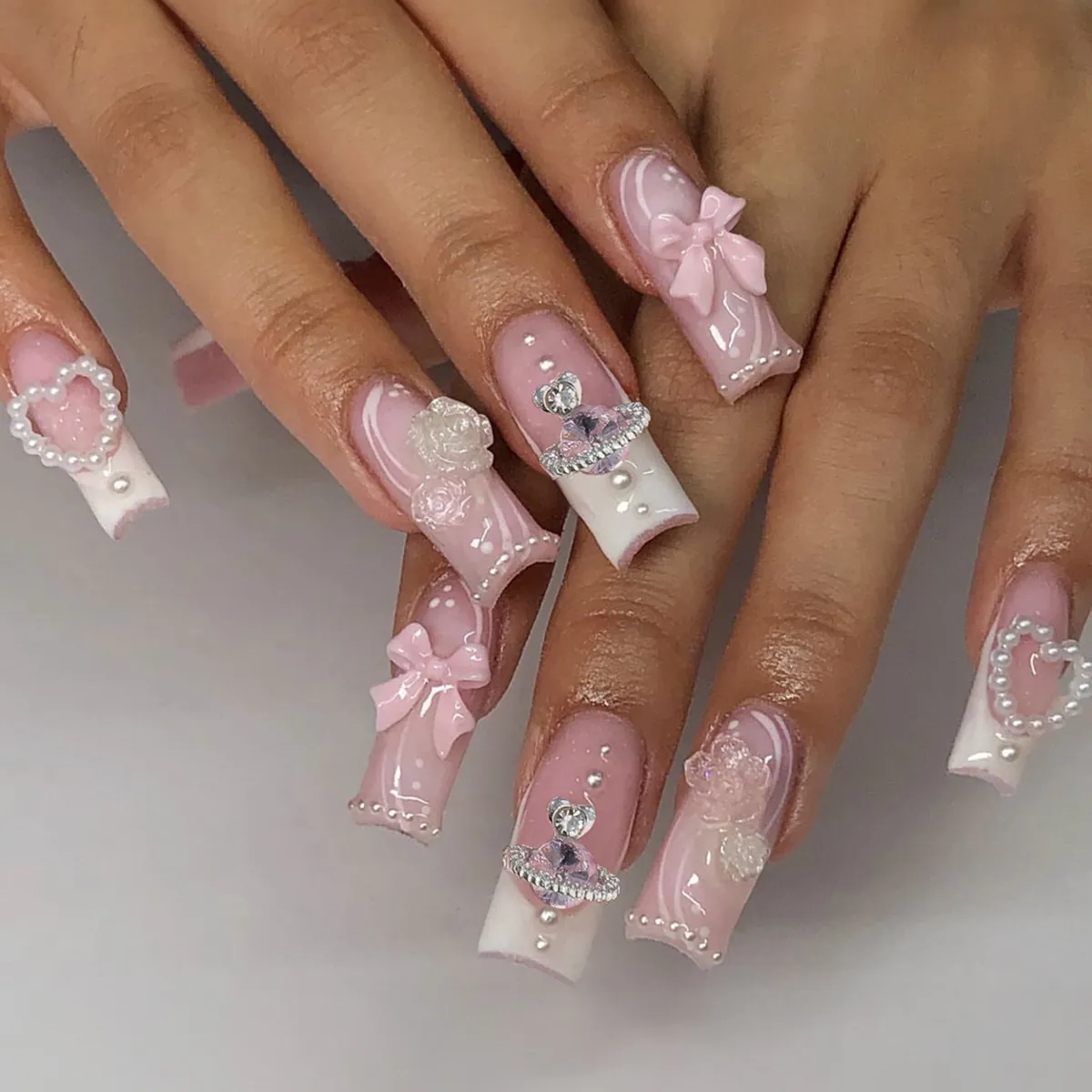 French Pink White Gradient Long Square Press On Nails With 3D Bow Knot Heart Artificial Pearl Rhinestone Saturn Floral Decor