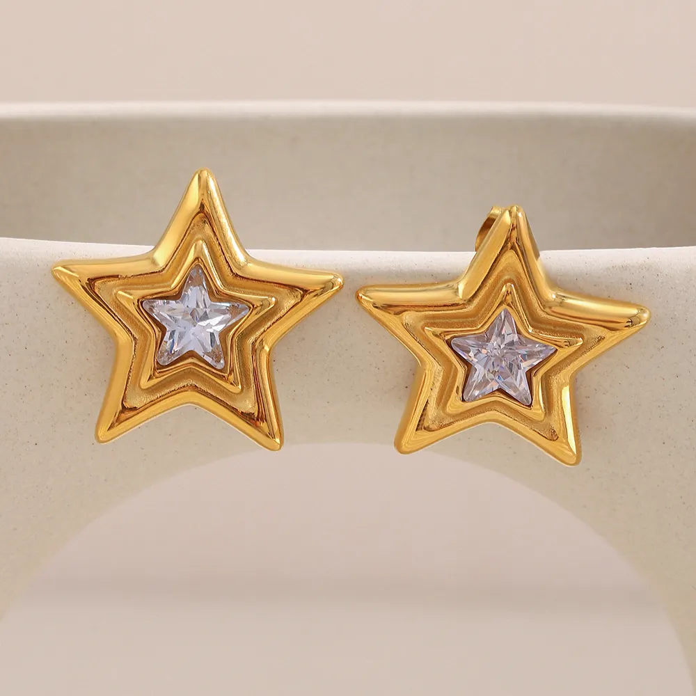 Star Stud Earrings Stainless Steel 18K Gold Plated Clear Zircon Five Pointed Shape INS Fashion Elegant Jewelry For Women