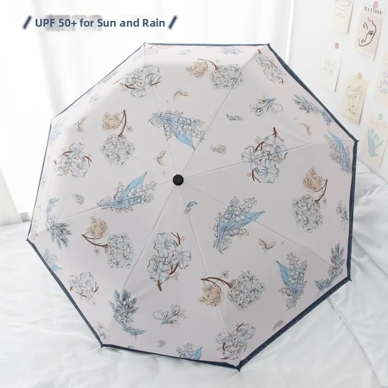 Parapluie Pliant Automatique Protection Solaire UV Revêtement Noir Muguet Imprimé Floral Parapluie de Voyage