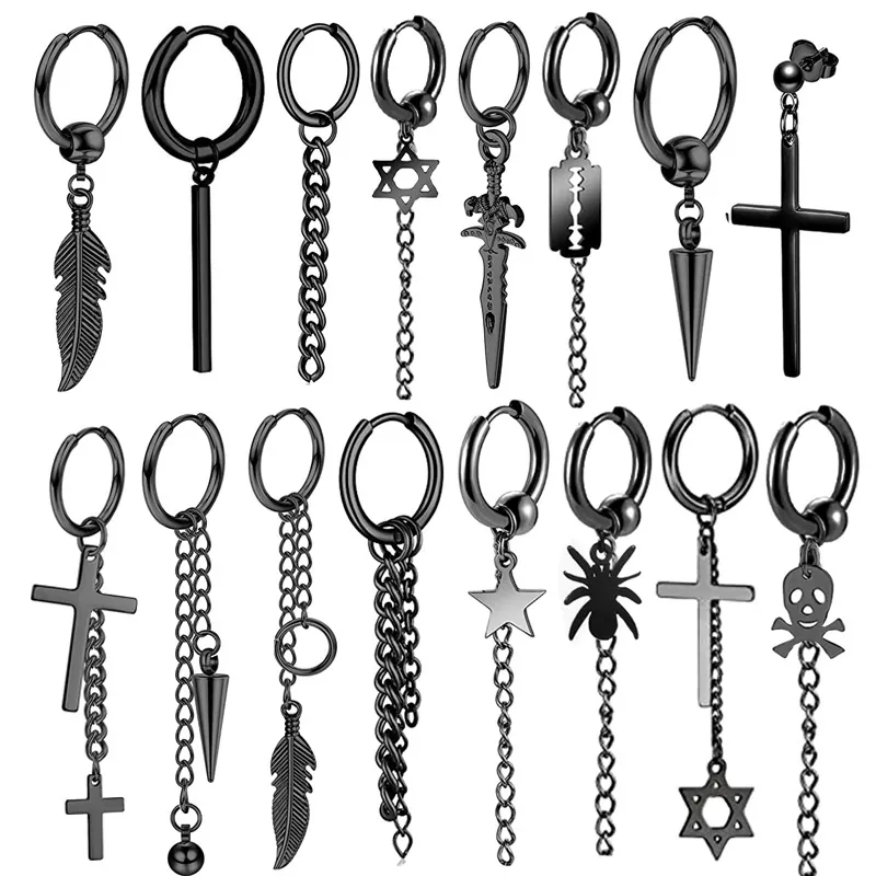 Stainless Steel Punk Gothic Drop Earrings For Men Women Cross Feather Skull Sword Blade Star Chain Tassel Hoop Jewelry