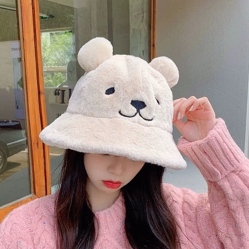 Faux Fur Bucket Hat Bear Ears Plush Winter Warm Thick Ear Protection Soft Cute Outdoor Fashion For Women