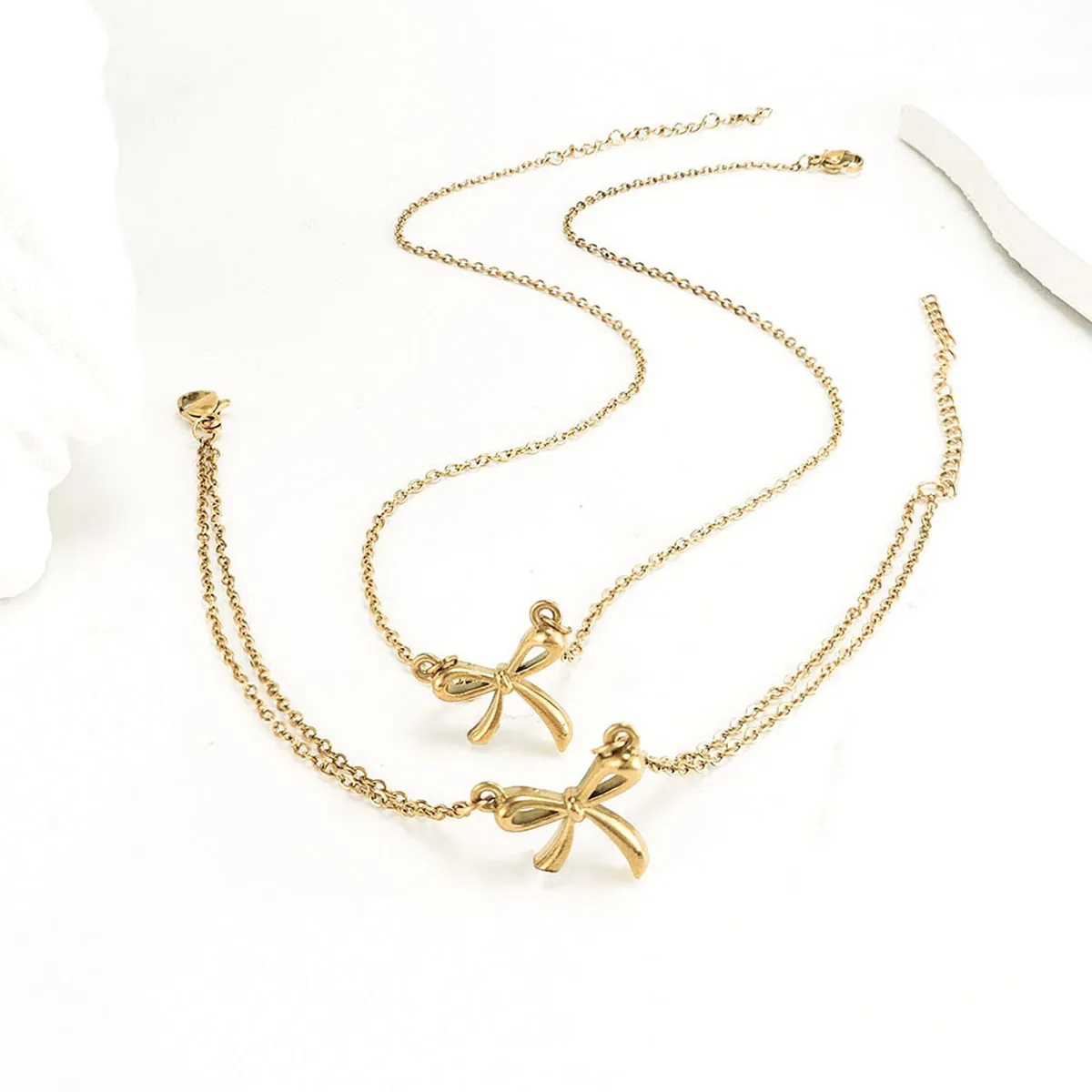 Fashion Stainless Steel 18K Gold Plated Double Layer Bowknot Necklace Bracelet Anklet Jewelry For Women Daily Street Style