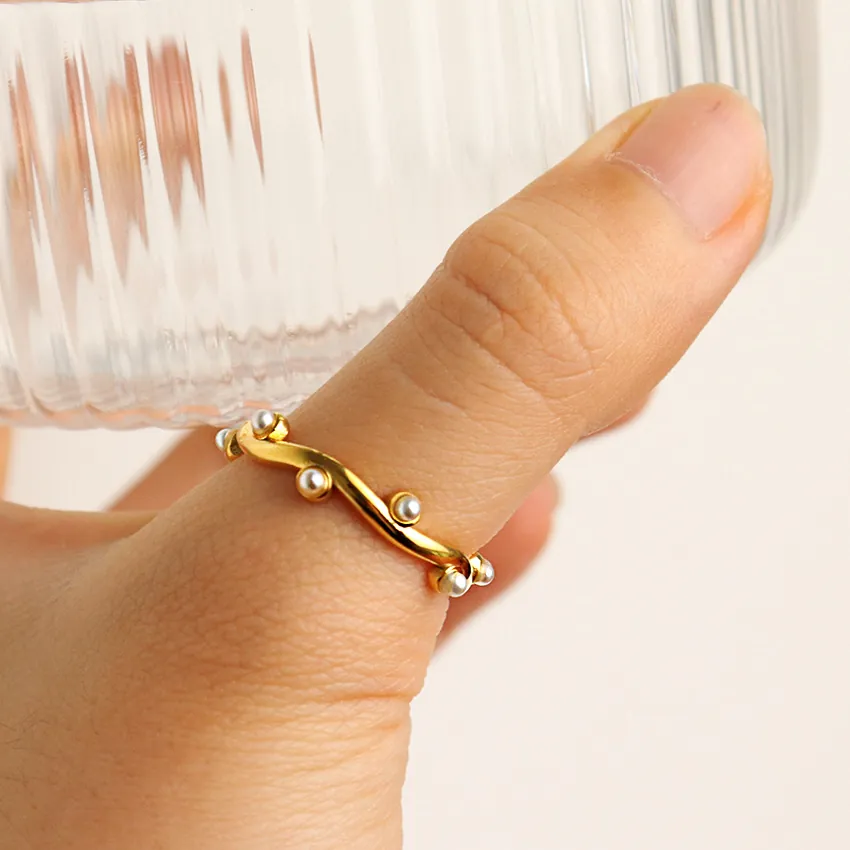 Women 18K Gold Plated Stainless Steel Wave Ring Irregular White Artificial Pearl Inlaid French Minimalist INS Style Jewelry