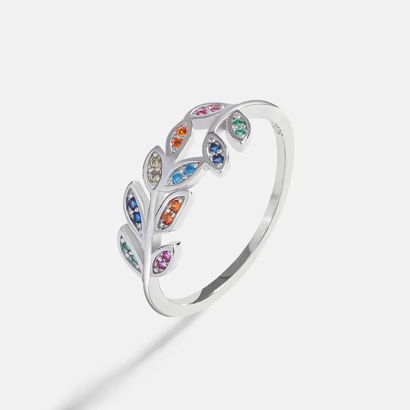 925 Sterling Silver Leaf Ring For Women Colorful Rhinestone Olive Branch Design Minimalist Finger Ring Fashion Jewelry