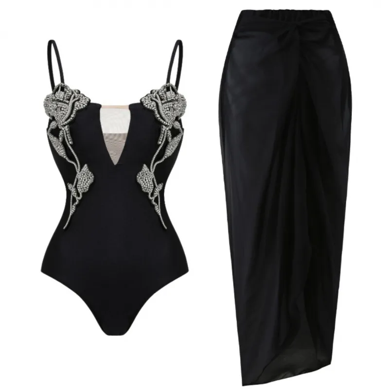 One Piece Swimsuit Rhinestone Rose Deep V Neck Mesh Patchwork Spaghetti Strap And Long Wrap Skirt For Women Vacation