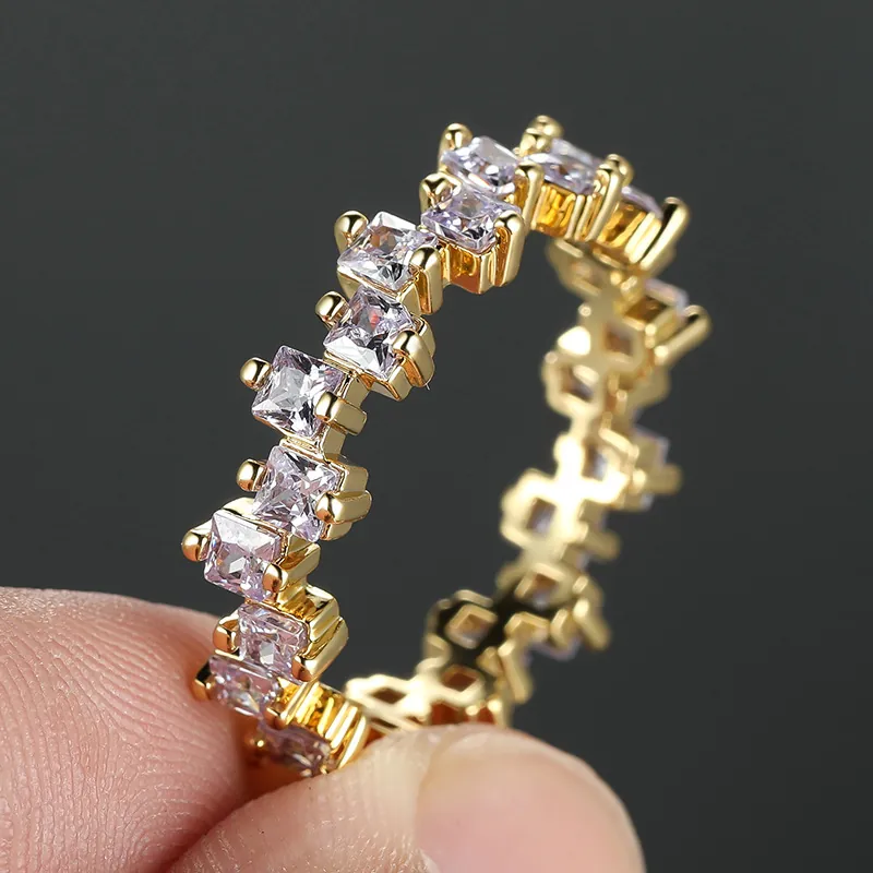 Gold Plated Copper Ring Square Princess Cut Zircon Eternity Band Staggered Inlaid Colorful Gemstone Jewelry For Women