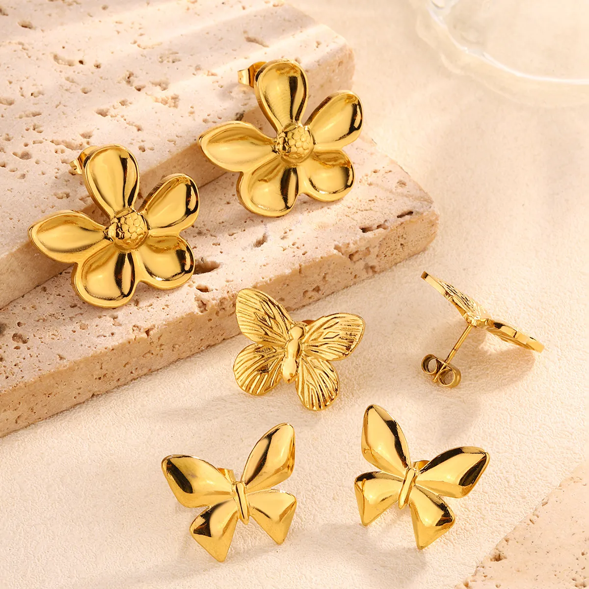 Gold Plated Stainless Steel Stud Earrings For Women Flower Butterfly Shapes Minimalist Chic Fashion Jewelry Accessories