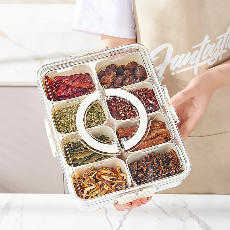 Multi Compartment Spice Storage Box PET PP Plastic Kitchen Organizer With Sealing Lid And Portable Handle