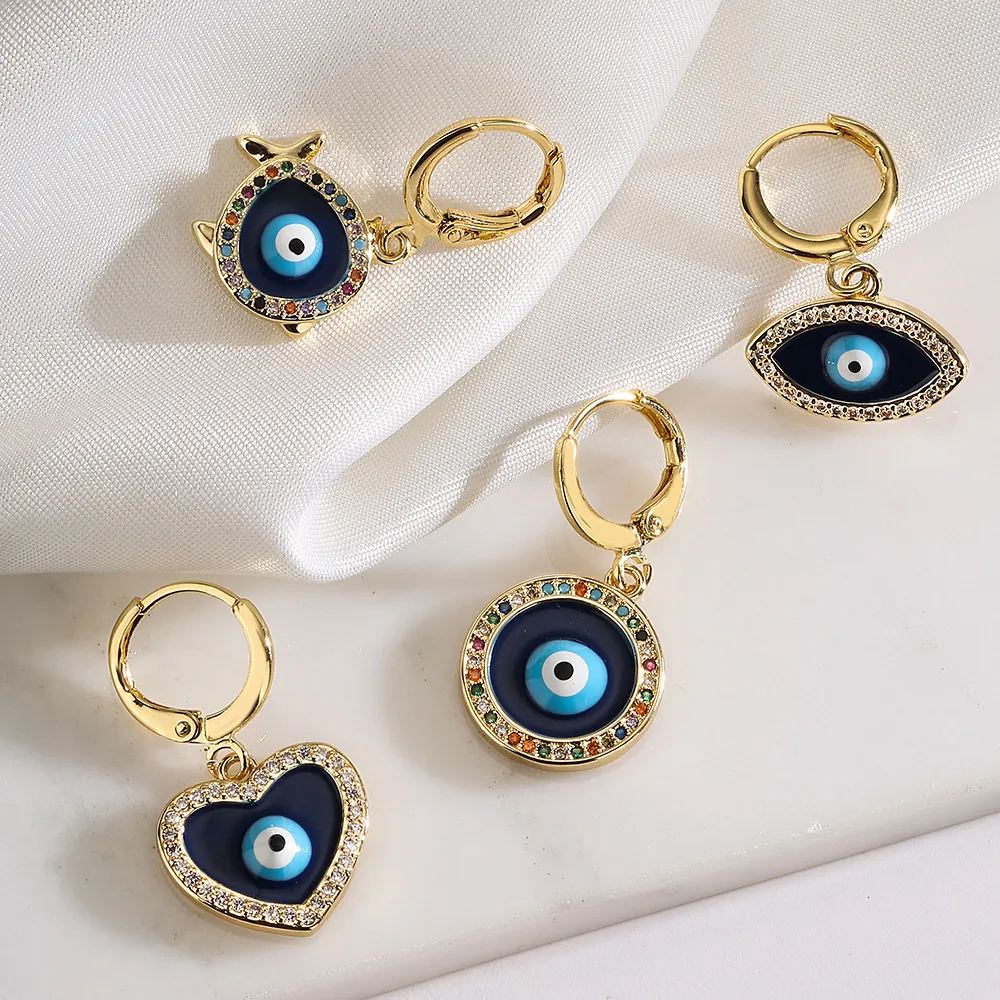 Evil Eye Geometrische Hänger Ohrringe Vergoldetes Kupfer Mit Zirkonia Und Emaille Modeschmuck Für Frauen