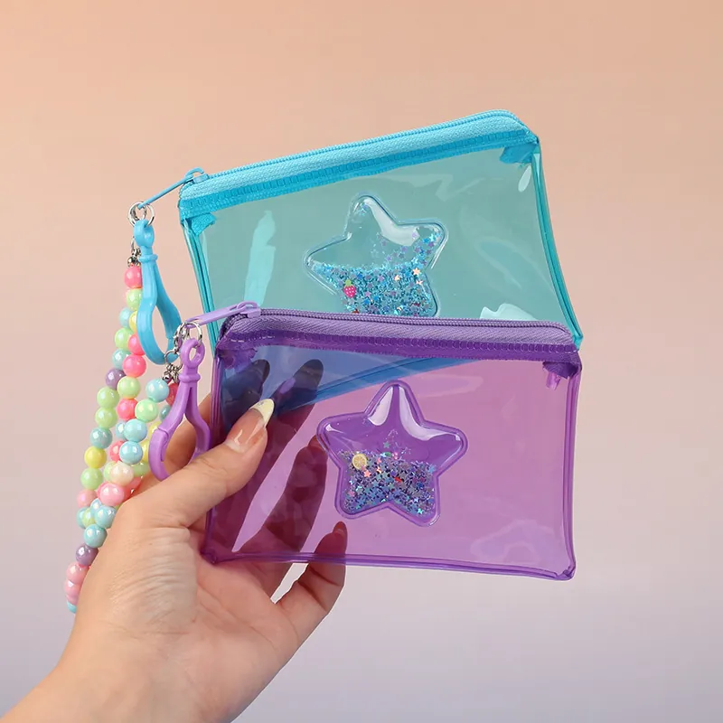 Porte-monnaie Transparent En PVC Étoile Sable Mouvant Mini Portefeuille Avec Chaîne De Perles Fermeture Éclair