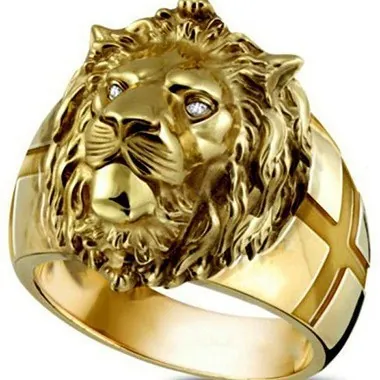 Lion Head Men Ring Gold Tone Alloy With Zircon Eyes And Cross Pattern Punk Hip Hop Retro Jewelry Accessory