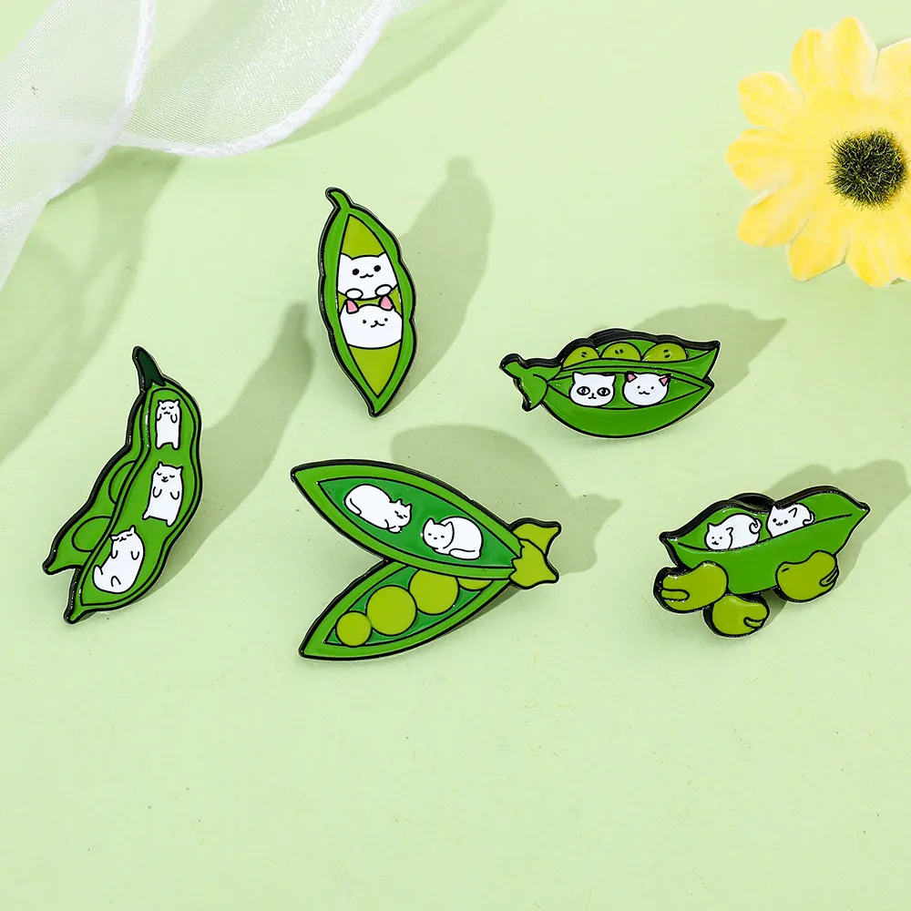 Creative Cartoon Enamel Brooch Pin Cute White Cat In Green Pea Pod Shape Alloy Badge For Backpack Clothes Hat Accessories Aesthetic Jewelry Gift For Women Men Kids