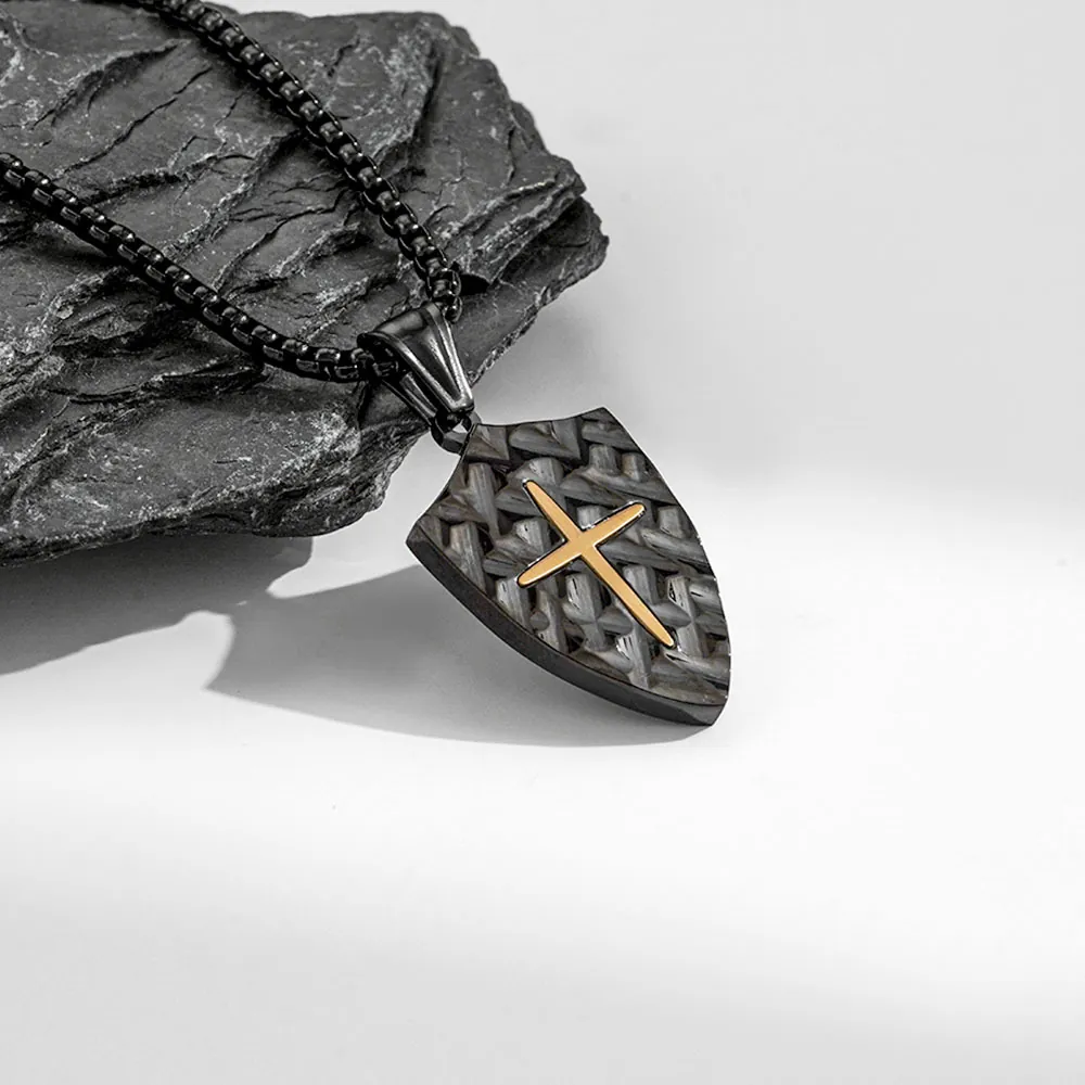 Shield Cross Pendant Necklace Vintage Titanium Steel Bark Texture Punk Hip Hop Religious Streetwear Jewelry For Men
