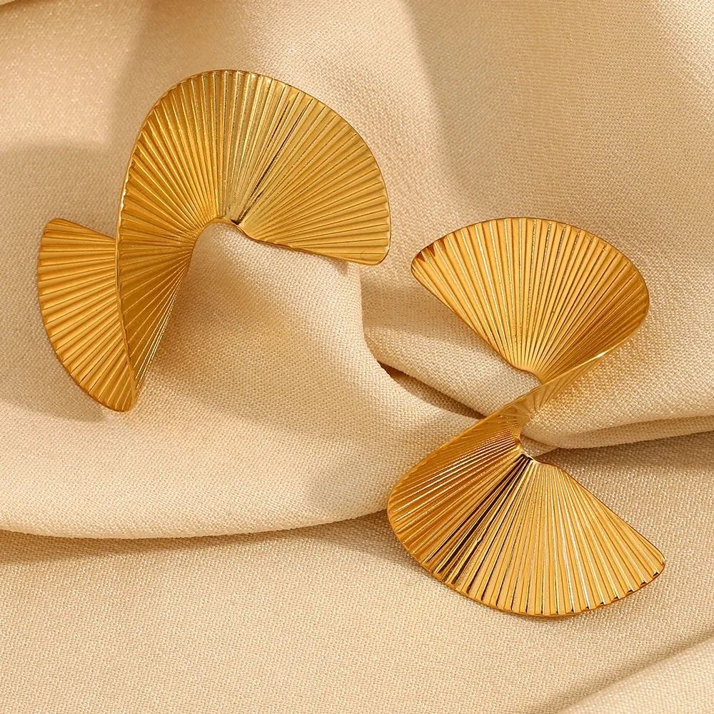 Twisted Fan Shape Earrings Stainless Steel 18K Gold Plated Geometric Textured Spiral Chic Modern Jewelry For Women
