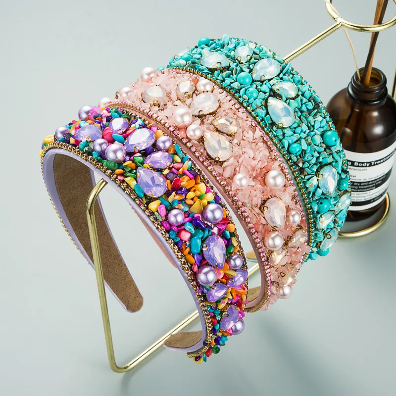 Retro Baroque Wide Brim Headband With Rhinestone Imitation Artificial Pearl And Crushed Stone Handmade Fabric Hair Accessory For Women