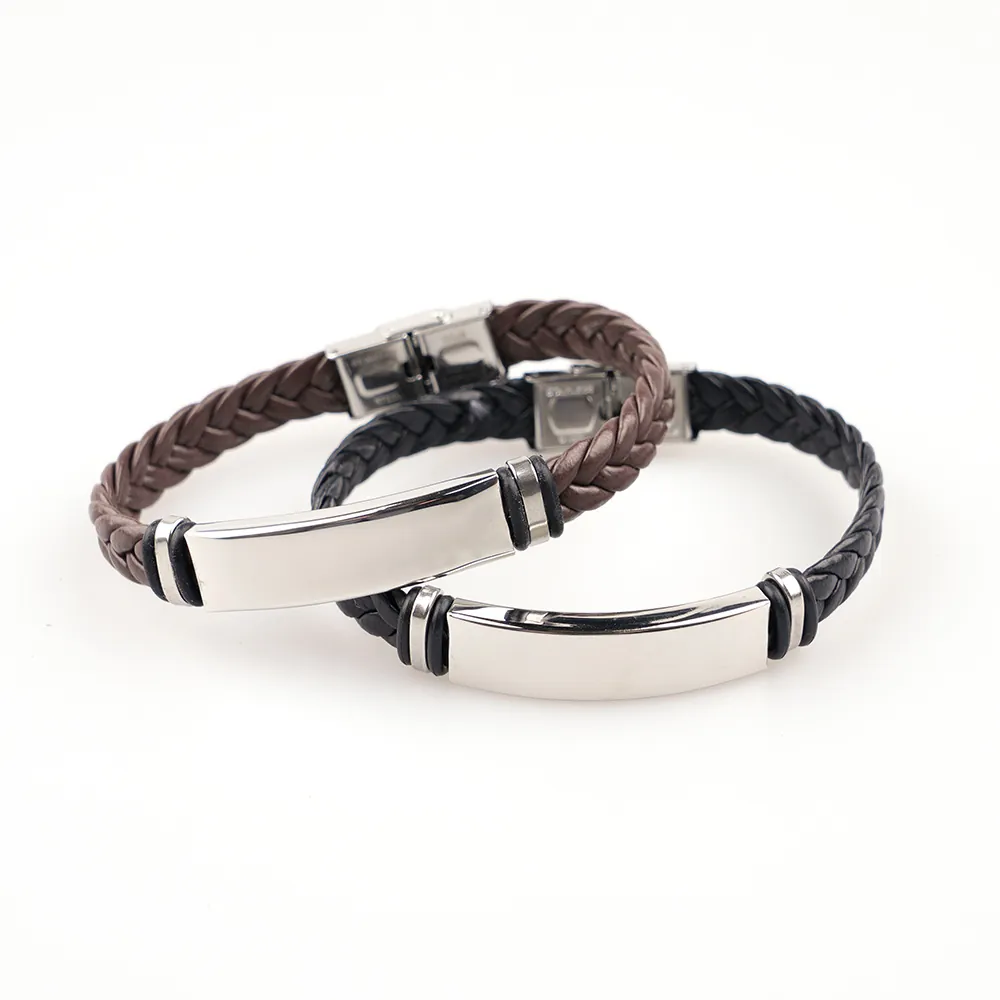 Herren Geflochtenes PU Lederarmband Mit Edelstahl Metallplatte Punk Stil Handgefertigtes Armband Schmuck Geschenk