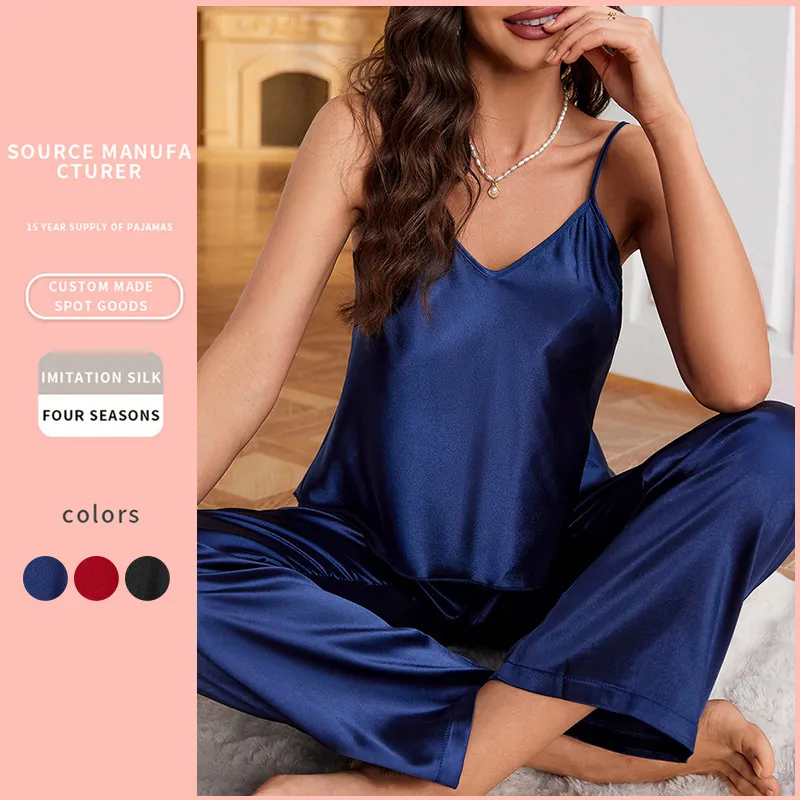Women Pajama Camisole Top And Long Pants Imitation Satin Satin Sleeveless V-Neck Loungewear Sleepwear Soft Lightweight