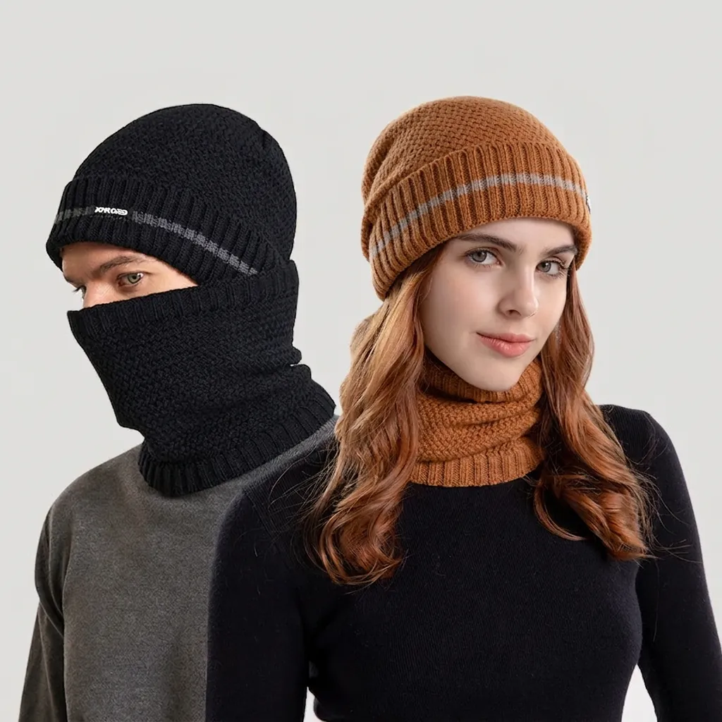 Cappello Berretto a Maglia in Acrilico Caldo Invernale e Sciarpa per Donna Uomo Pile Foderato Antivento Esterno Quotidiano Colore Solido