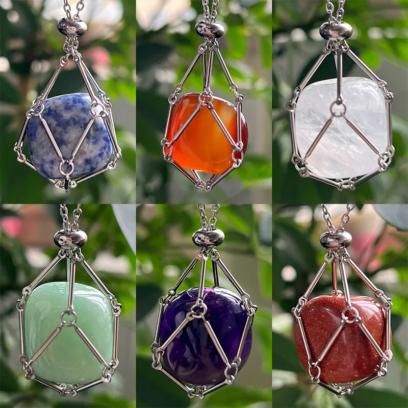 Natural Raw Crystal Stone Necklace Stainless Steel Interchangeable Mesh Cage Pendant Bohemian Healing Gemstone Jewelry Women
